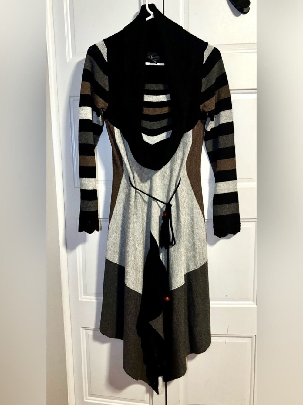 Asymmetrical Striped Knit Dress with Shawl Collar in Black, Gray & Brown